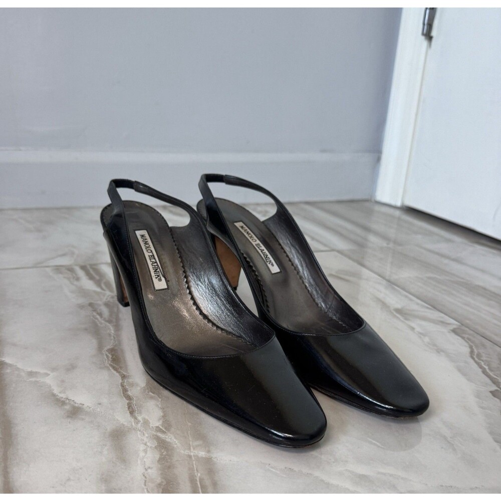 Vintage Manolo Blahnik Patent Block Heel Mary Jane Pumps Black Slingback Sz 41.5